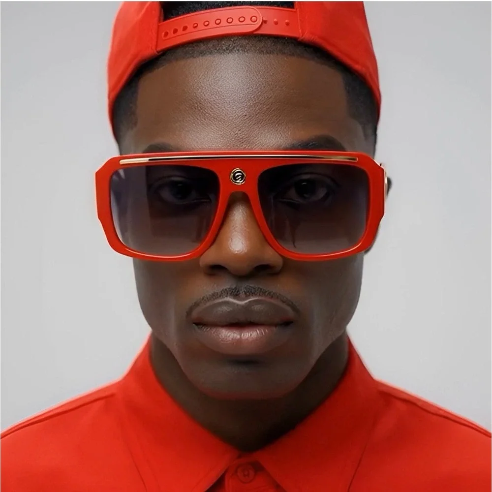 Mens Red Oversized Shield Sunglasses‎ Gold Lion Head Flat Top Square Shades